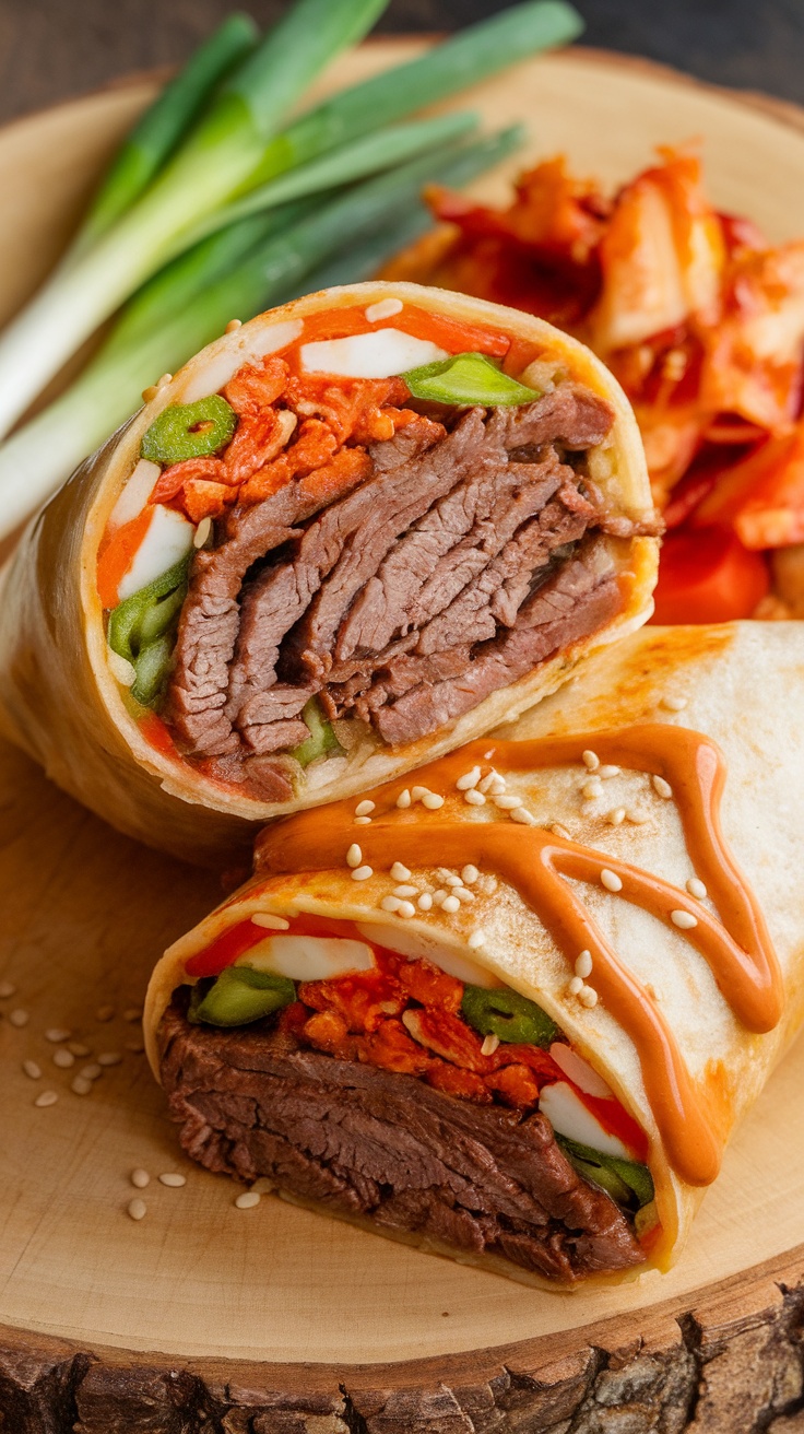 A Korean BBQ Beef burrito filled with marinated beef, kimchi rice, and sriracha mayo on a wooden board.